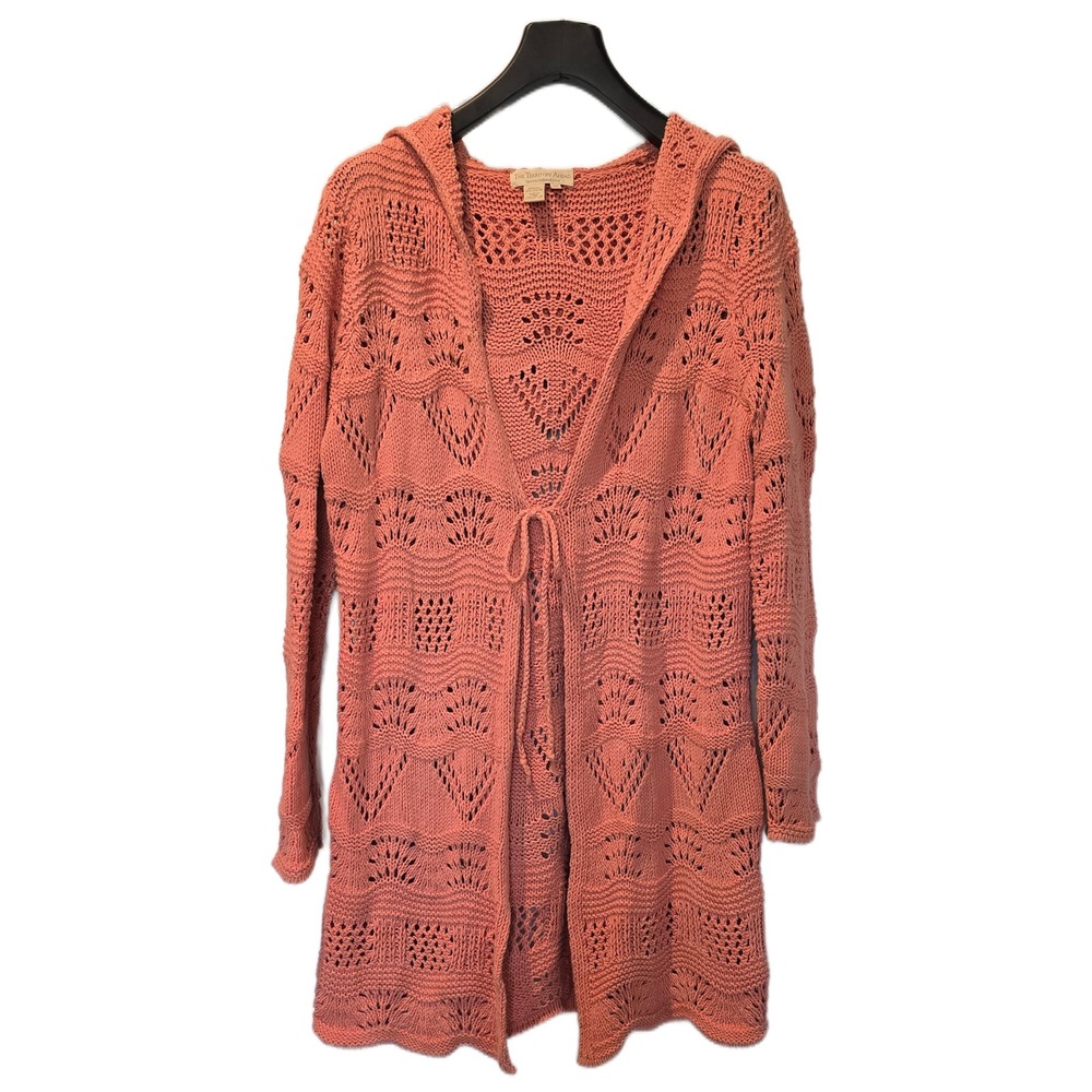 The Territory Ahead Coral Pink Pointelle Knit Hooded Cardigan M cottagecore